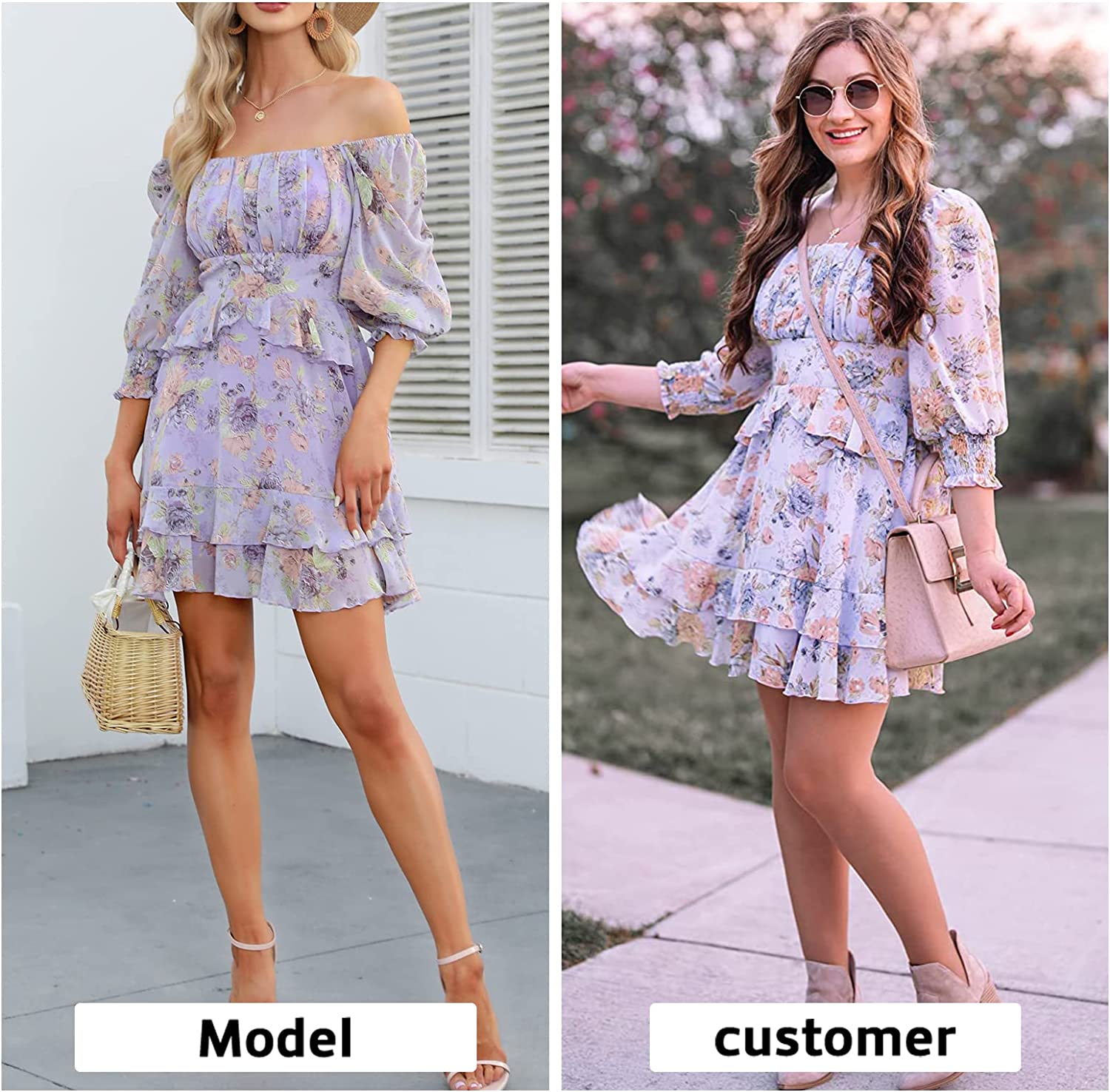 EXLURA Womens Floral Ruffle Summer Dress Sundress Tiered Square Neck Long Sleeve Off Shoulder Smocked Skater Mini Dress - Image 2